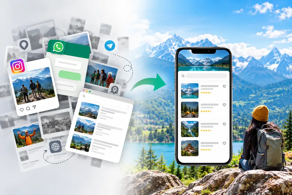 Scattered trip posts across Instagram, WhatsApp and websites becoming one organised TripTribe search